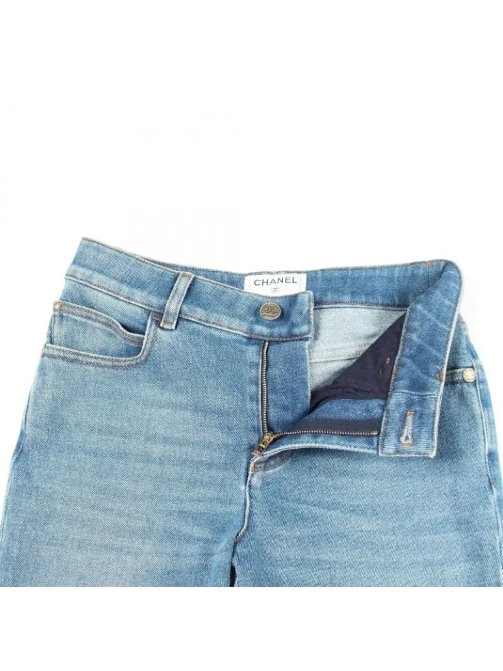 Chanel Denim Pants CC Logo Button Cotton